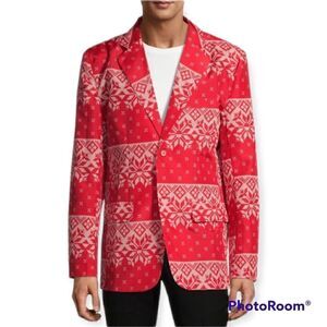 Mens 2XL Red White Snowflake Blazer Winter Holiday Christmas Jacket Party Costum